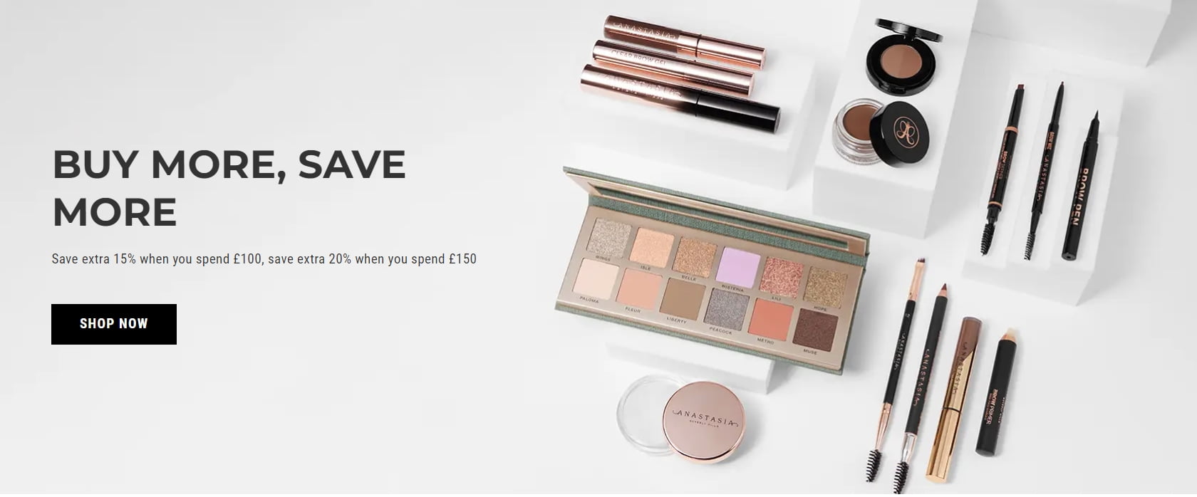 Extra 15% off when you spend £100 or 20% off when you spend £150 at Anastasia Beverly Hills
