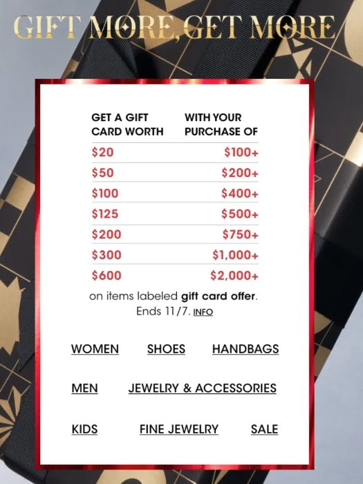 Get a gift cards with your purchases on items labeled "gift card offer" at Bloomingdale