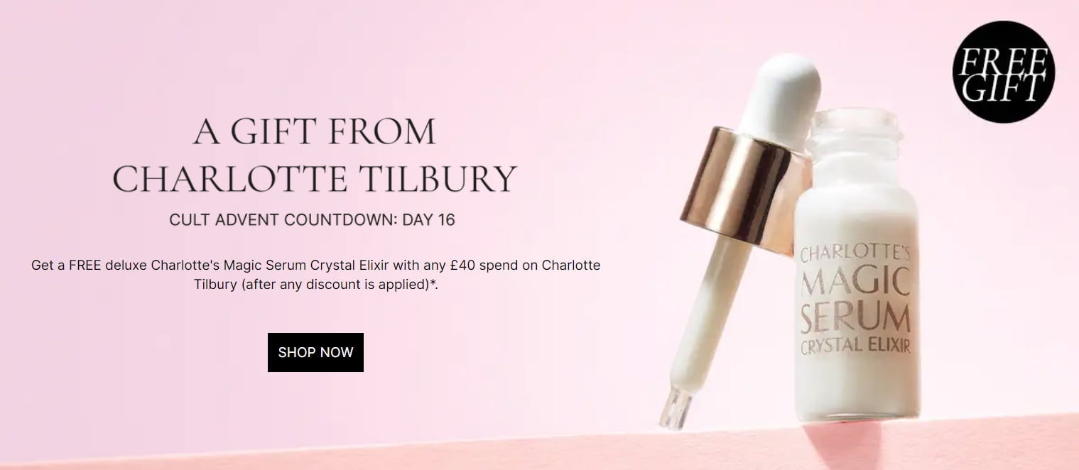 Cult Beauty Advent Countdown Day 16: FREE deluxe Charlotte's Magic Serum Crystal Elixir with any £40/€45 spend on Charlotte Tilbury.