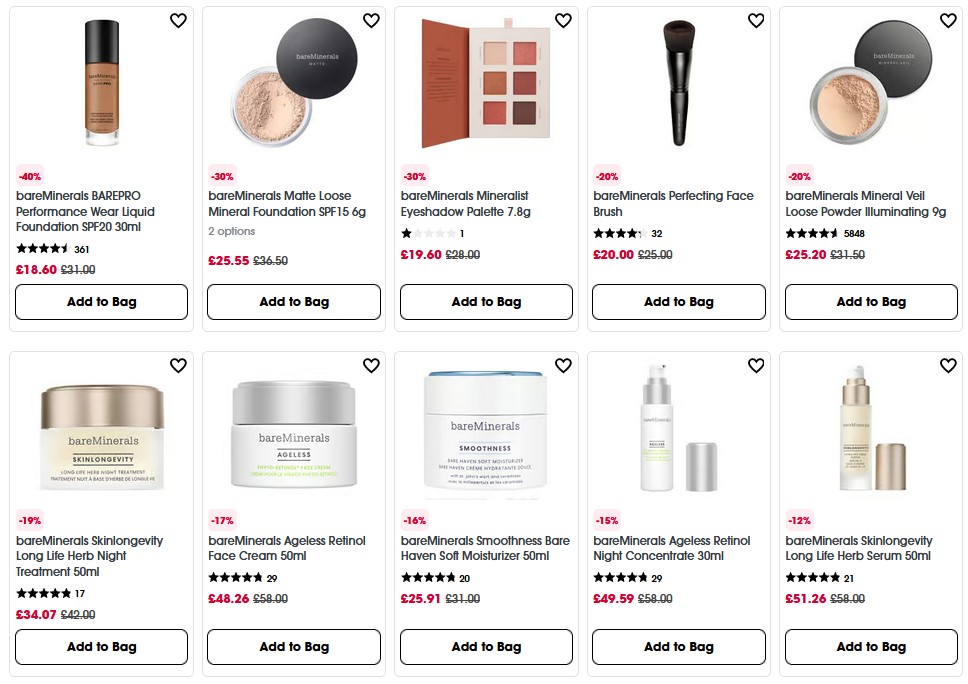 Up to 40% off selected bareMinerals at Sephora UK