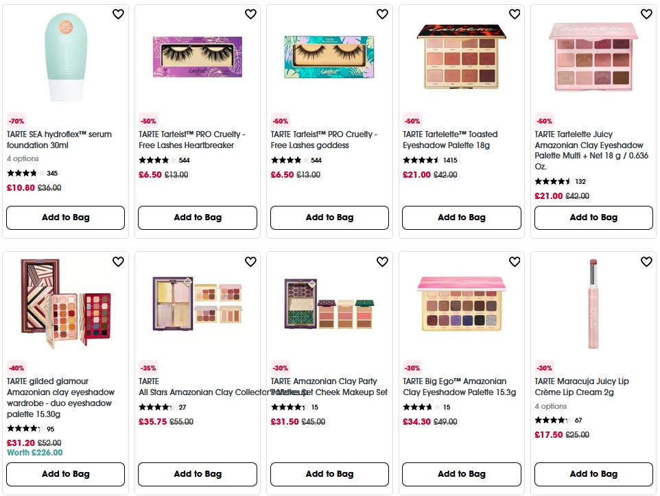 Up to 70% off selected Tarte at Sephora UK
