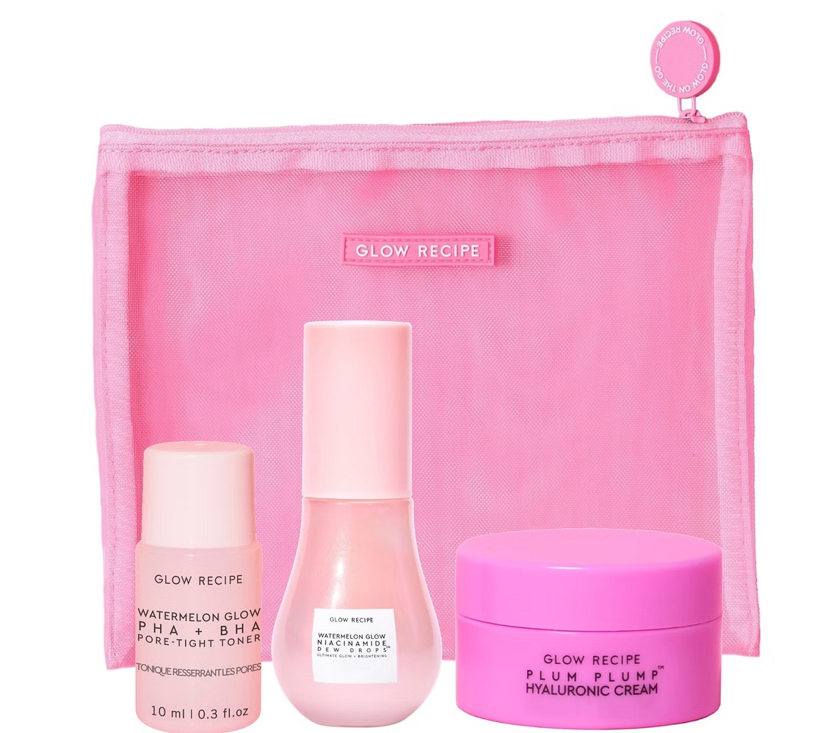 Glow Recipe Bestsellers Travel Trio: Watermelon Toner, Dew Drops and Plum Cream in Pink Mesh Pouch