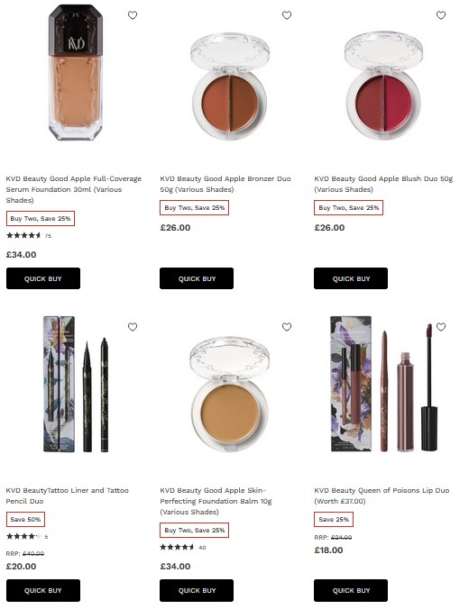 25% off when you buy 2 products across selected KVD Beauty