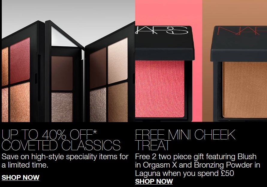 Up to 40% off sale at NARS + free Blush in Orgasm X and Bronzing Powder in Laguna when you spend £50