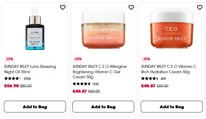 Up to 33% off selected at Sunday Riley at Sephora UK
