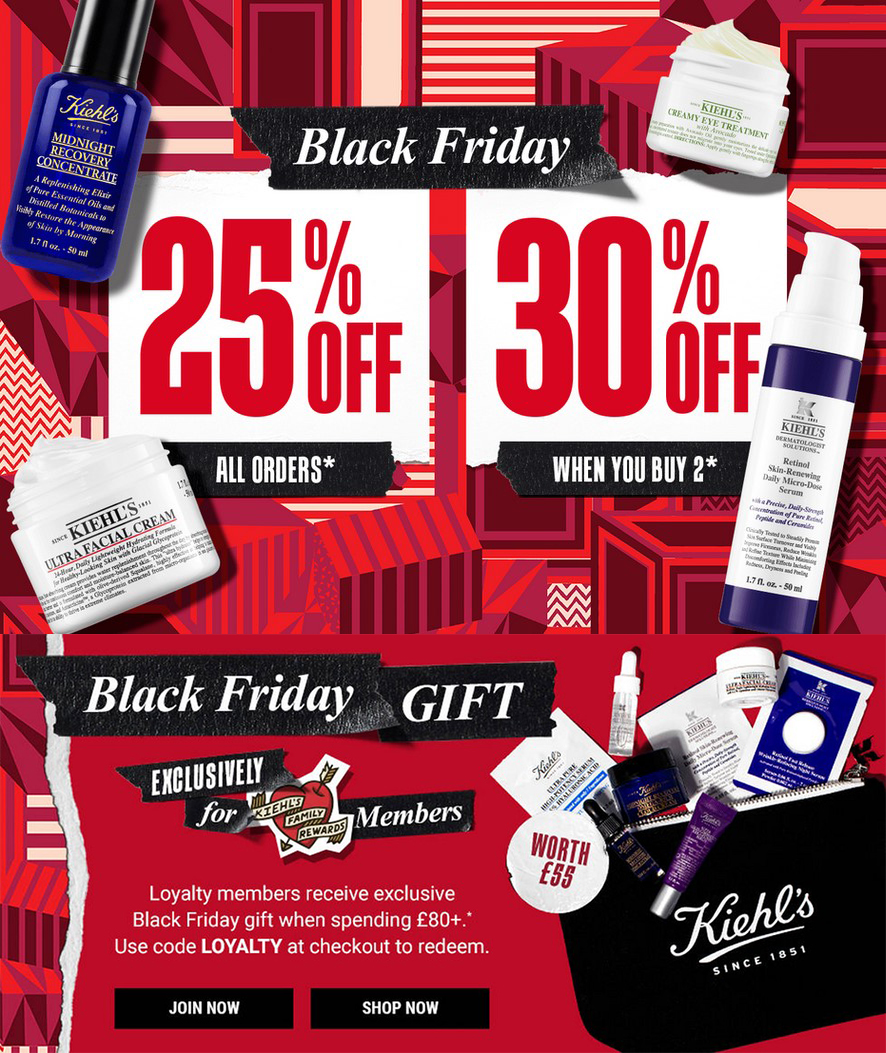 Black Friday at Kiehls: 25% off or 30% off when you buy 2 products + Free Gift for Loyalty Members when you spend £80