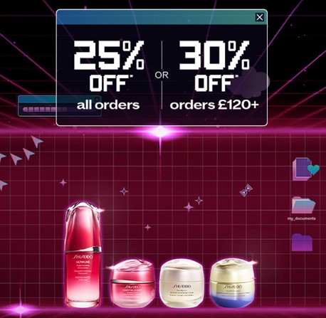 25% off sitewide or 30% off when you spend £120 at Shiseido