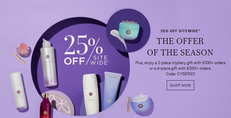25% off sitewide at Tatcha + 2-piece mystery gift with orders over £100 or a 4-piece mystery gift with orders over £200
