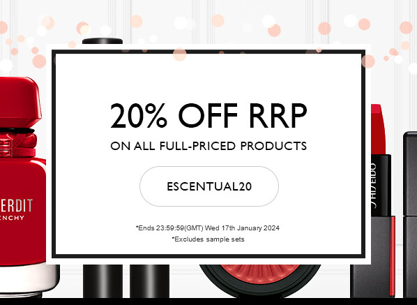 20% sitewide on all full priced products at Escentual