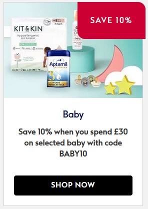 10% off when you spend £30 on selected baby and child at Boots
