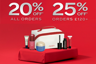 20% off sitewide at Shiseido or 25% off + Free 6-piece gift set (worth £63) when you spend £120