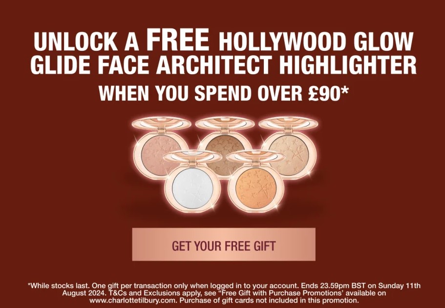 Free Charlotte Tilbury Hollywood Glow Glide Face Architect Highlighter when you spend over £90