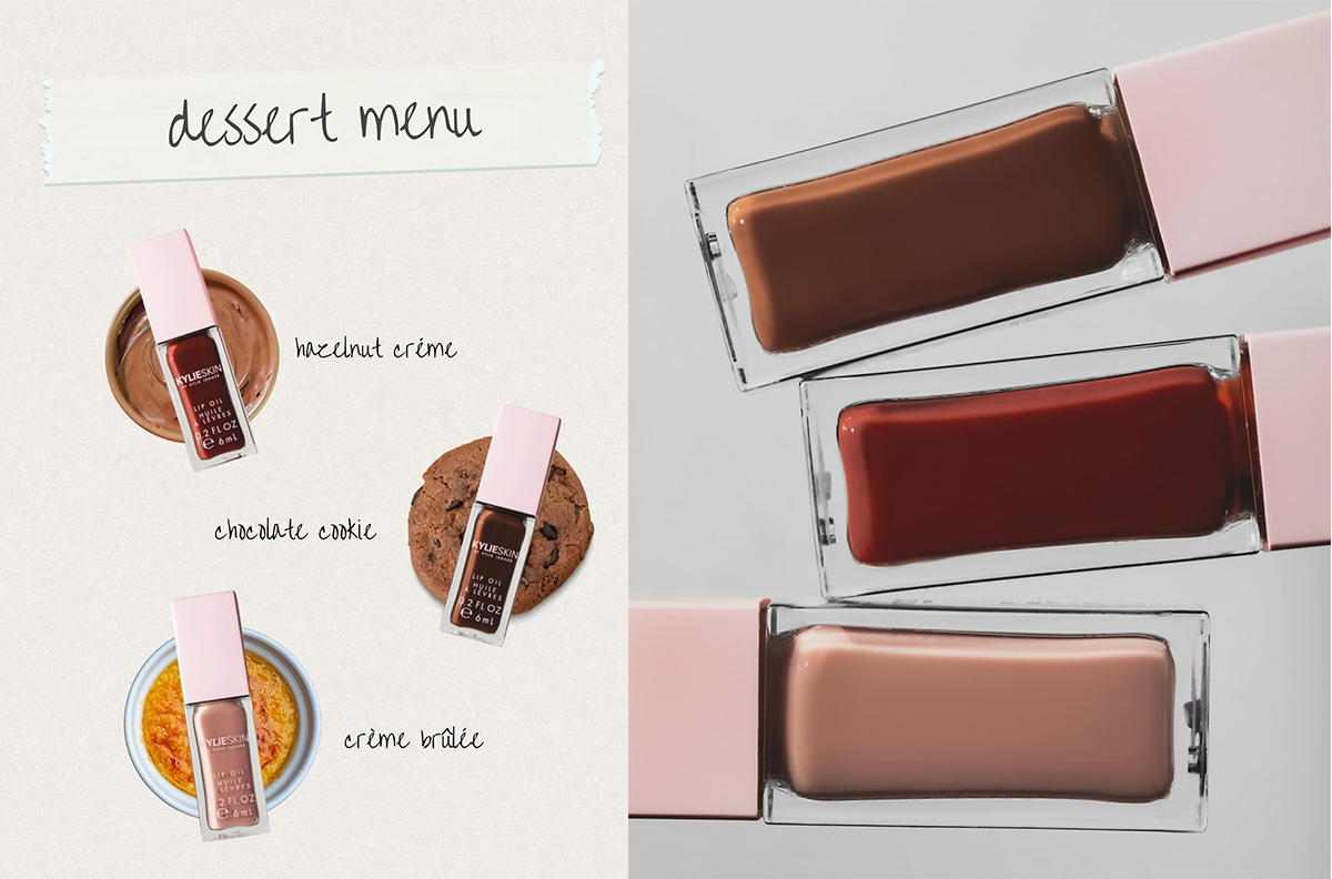 Kylie Cosmetics Lip Oil: Crème Brûlée, Hazelnut Crème, and Chocolate Cookie