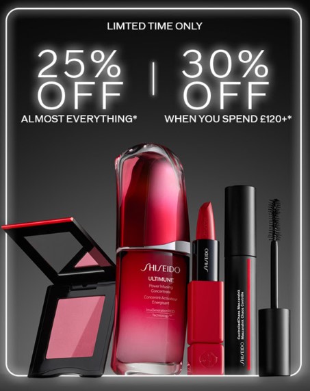 25% off sitewide or 30% off when you spend £120 at Shiseido 25% off sitewide or 30% off when you spend £120 at Shiseido