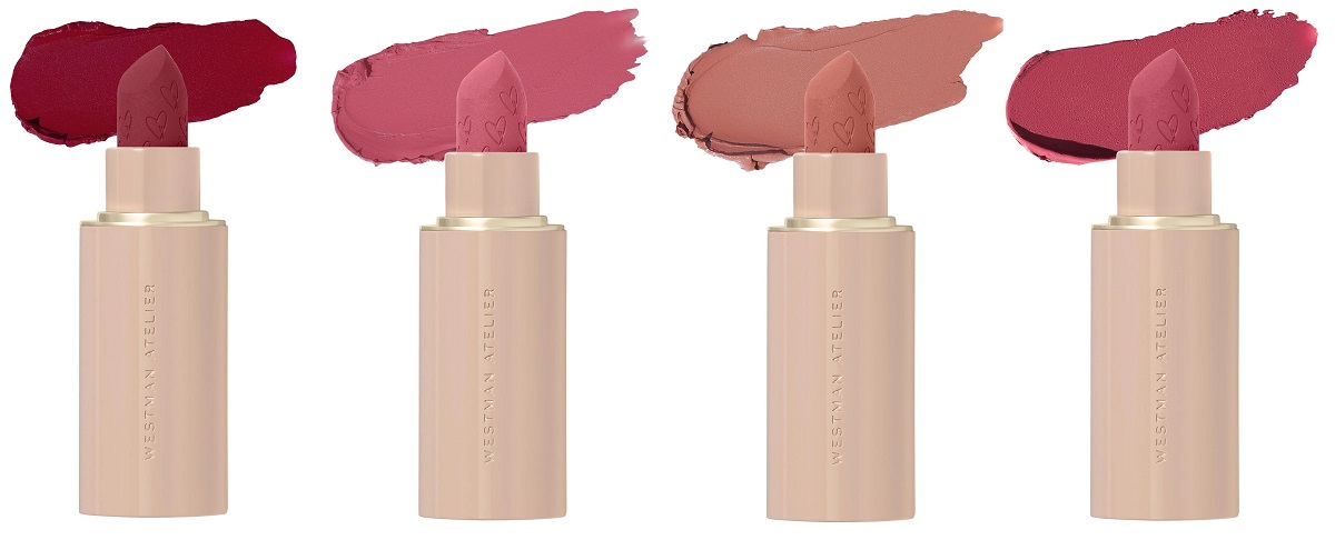 Four new shades of the Westman Atelier Lip Suede Hydrating Matte Lipstick with Hyaluronic Acid