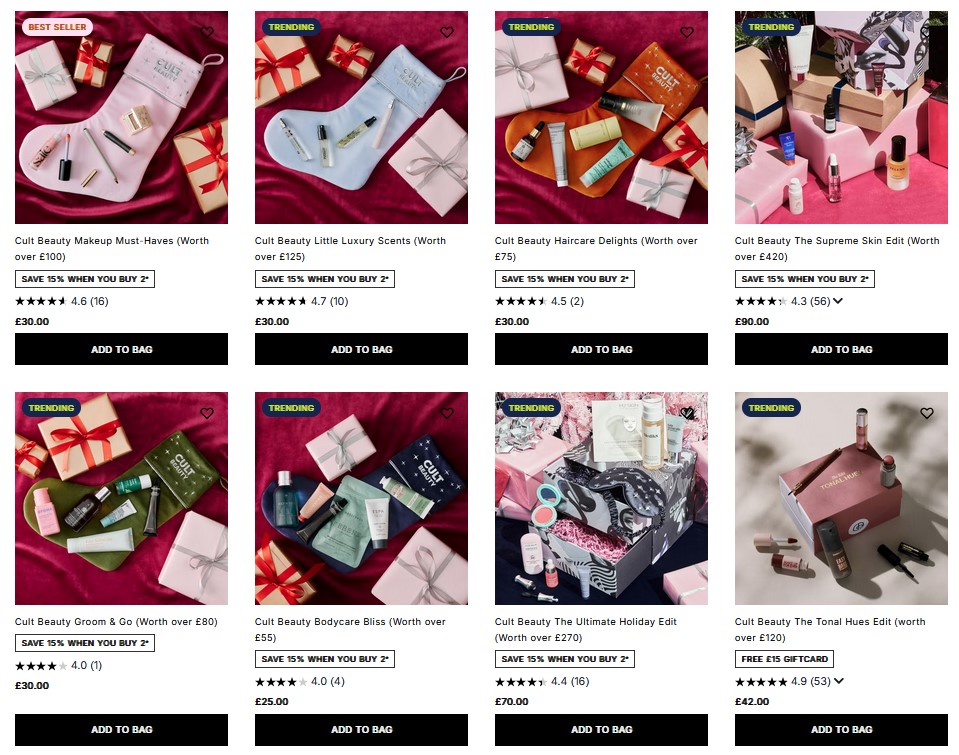 15% off when you buy 2 or more curated boxes from the Cult Beauty Christmas Collection