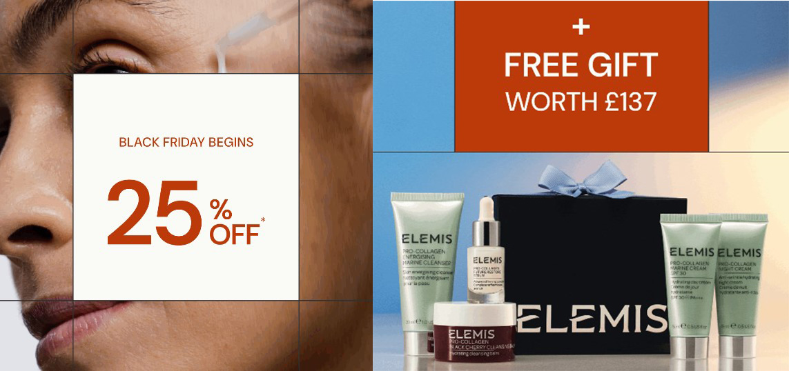 25% off sale at Elemis + free 5-piece gift (worth f£137) when you spend £120