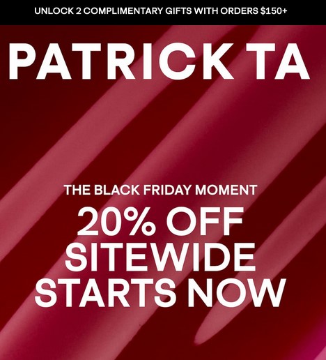 20% off sitewide at Patrick TA + 2 complimentary gifts with orders $150+