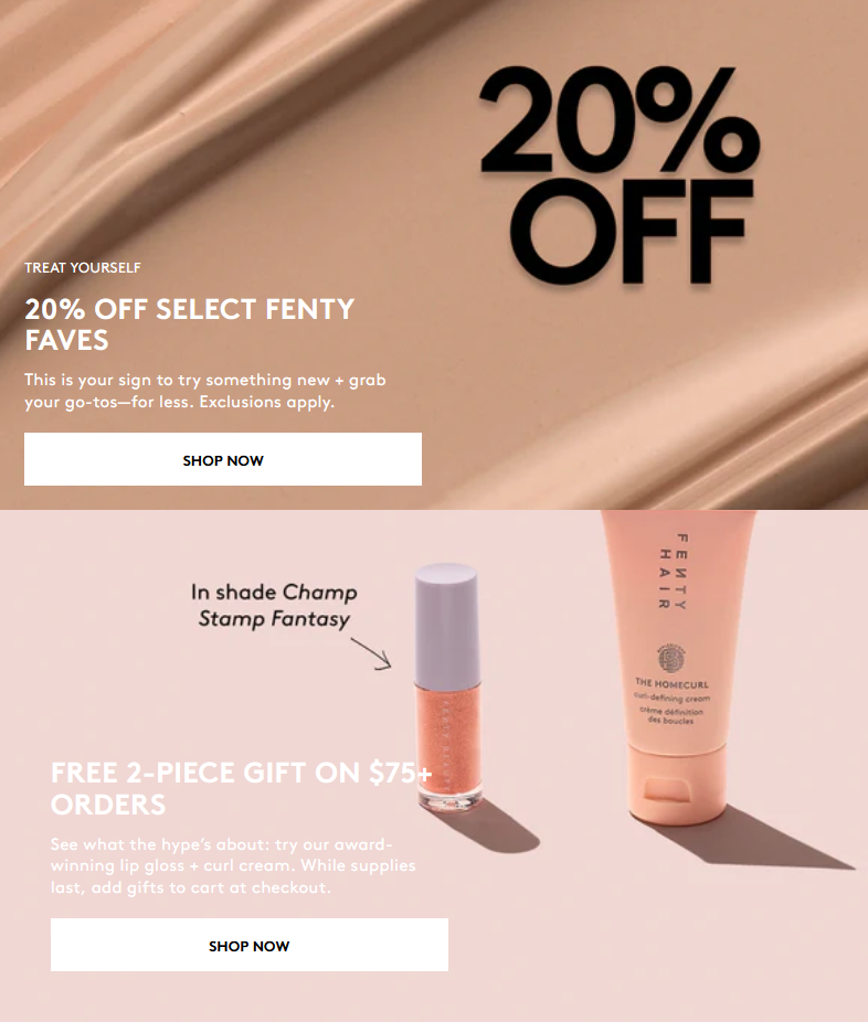 20% off selected Fenty + free 2-piece gift on $75+ orders