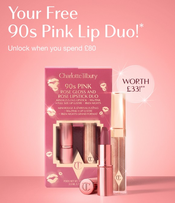 Free Charlotte Tilbury 90s Pink Lip Duo (worth £80) when you spend £80