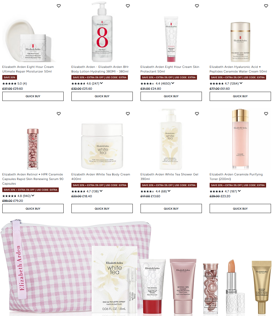 20% off Elizabeth Arden at Lookfantastic + an extra 5% off with code EXTRA + free Ceramide Gift Set With Pink Bag when you spend £55 on the brand 20% off Elizabeth Arden at Lookfantastic + an extra 5% off with code EXTRA + free Ceramide Gift Set With Pink Bag when you spend £55 on the brand