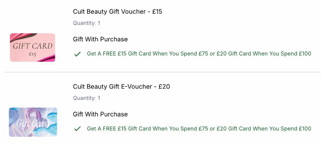 £15 Gift Card when you spend £75 or £20 Gift Card when you spend £100 at Cult Beauty £15 Gift Card when you spend £75 or £20 Gift Card when you spend £100 at Cult Beauty