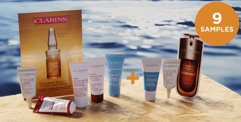 Enjoy 9 free samples with every order at Clarins + ger The Ultimate Duo when you spend £90 Enjoy 9 free samples with every order at Clarins + ger The Ultimate Duo when you spend £90