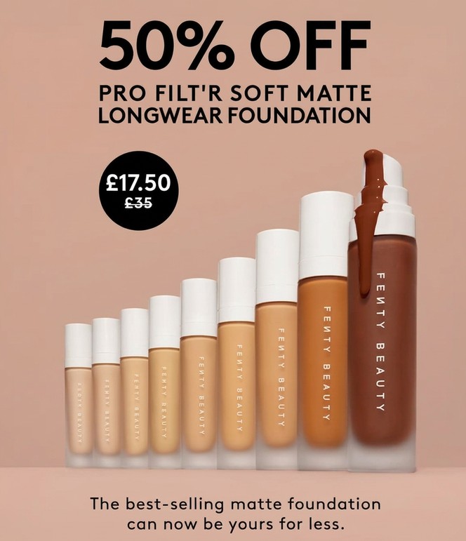 50% off Fenty Beauty Pro Filt'r Soft Matte Longwear Foundation 50% off Fenty Beauty Pro Filt'r Soft Matte Longwear Foundation