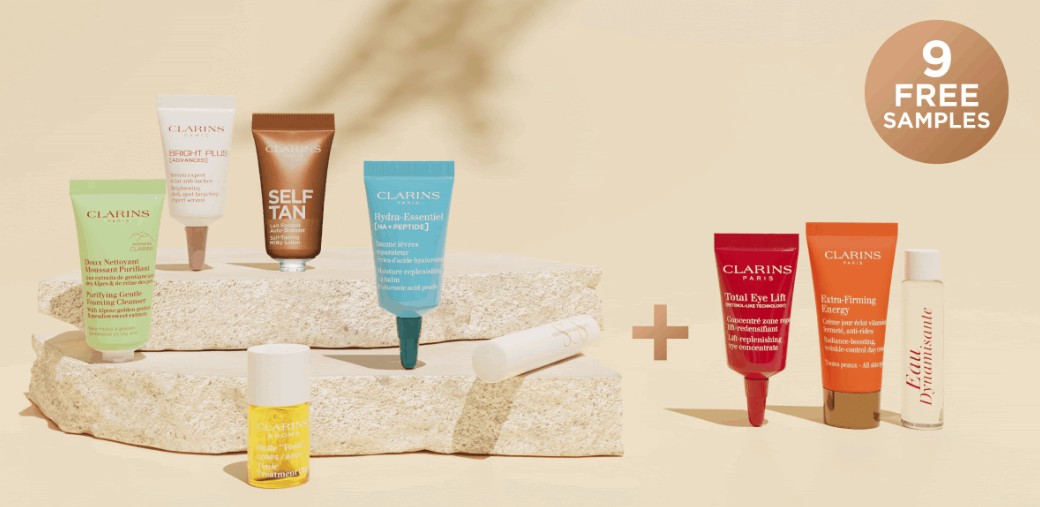 9 free samples with your order, plus 15% off and a free full size Lip Comfort Oil when you spend £70 at Clarins 9 free samples with your order, plus 15% off and a free full size Lip Comfort Oil when you spend £70 at Clarins