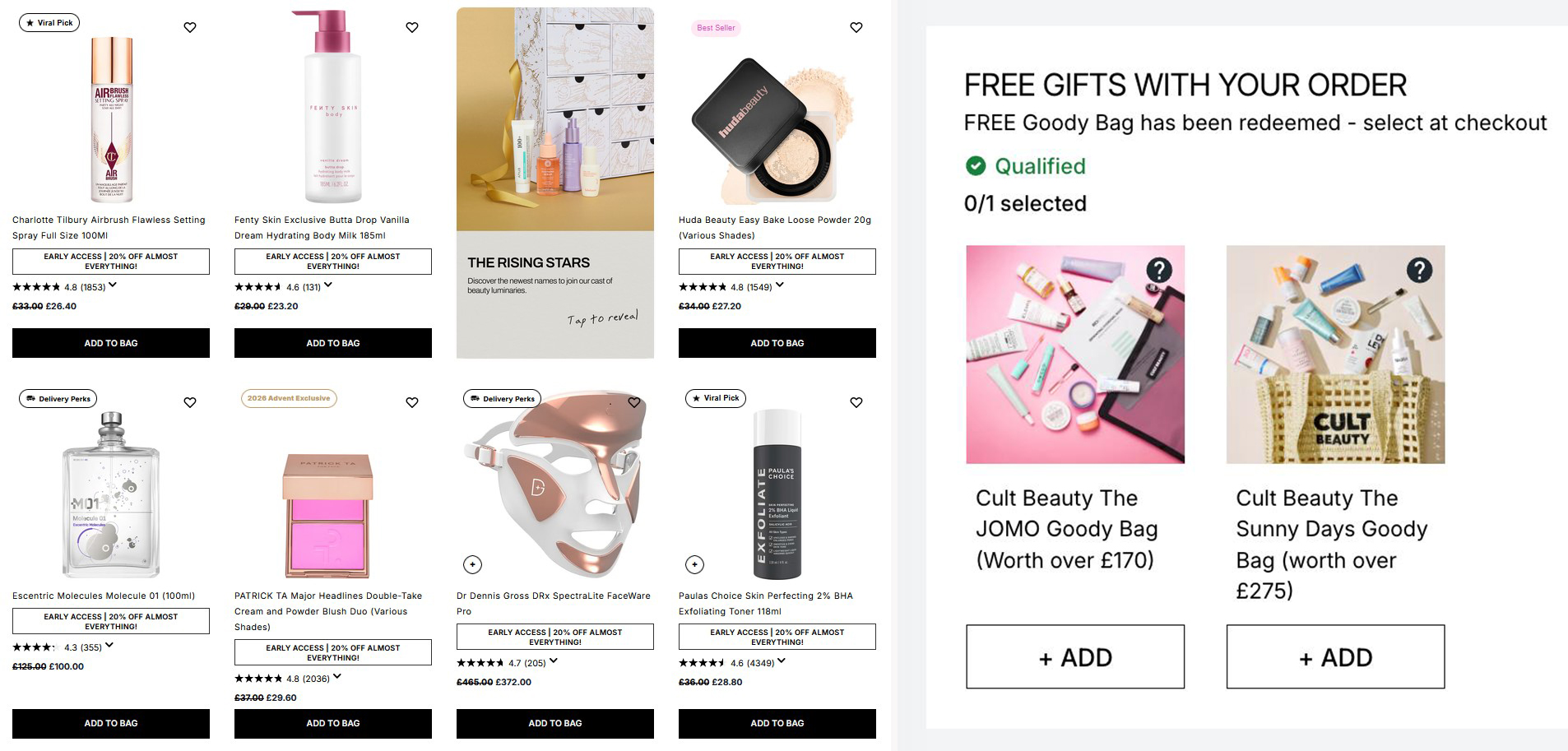 20% off (almost) everything at Cult Beauty + a free goody bag of your choice. Early Access. 20% off (almost) everything at Cult Beauty + a free goody bag of your choice. Early Access.